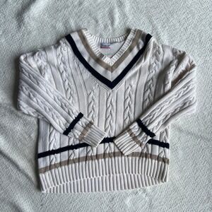 Checkpoint Vintage Mens XL Cable Knit V-Neck Sweater Cream Striped Cotton Preppy